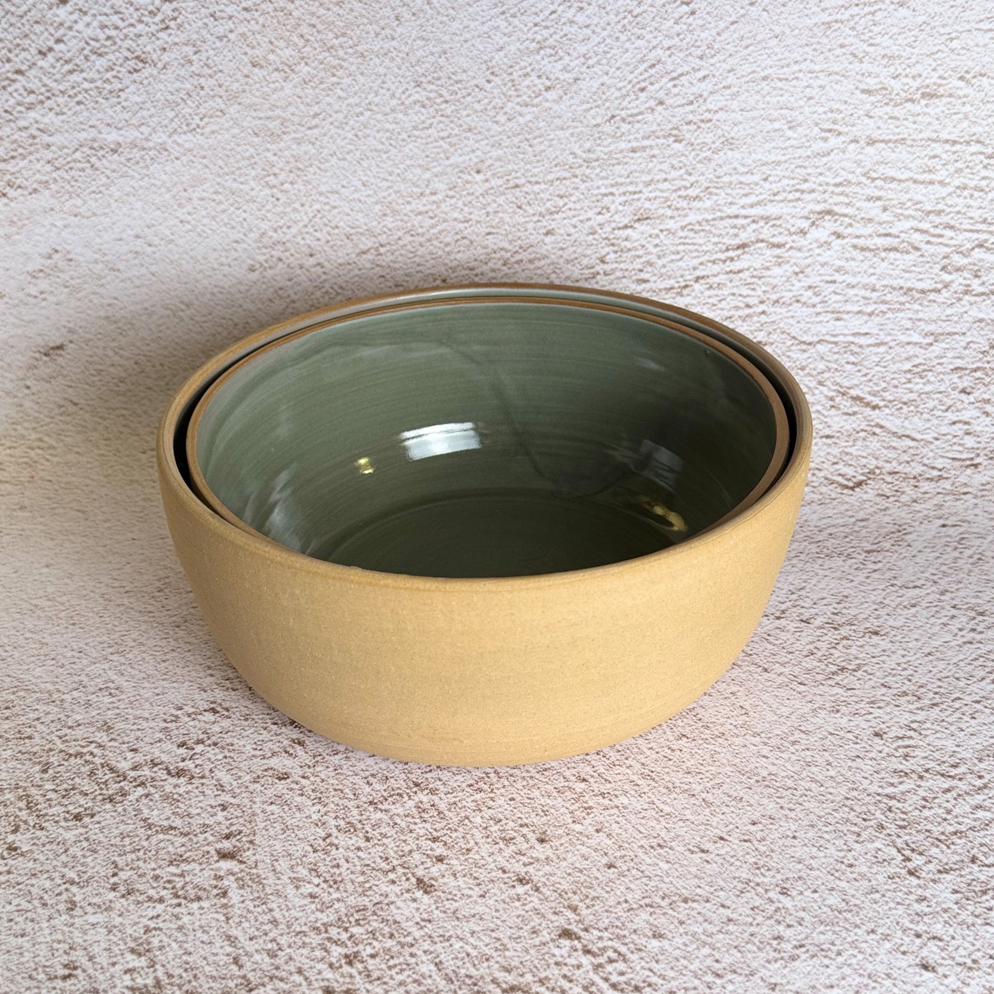 Large & Medium Stacking Serving Bowl Set - Warm Brown Stoneware / Sage Green Gloss