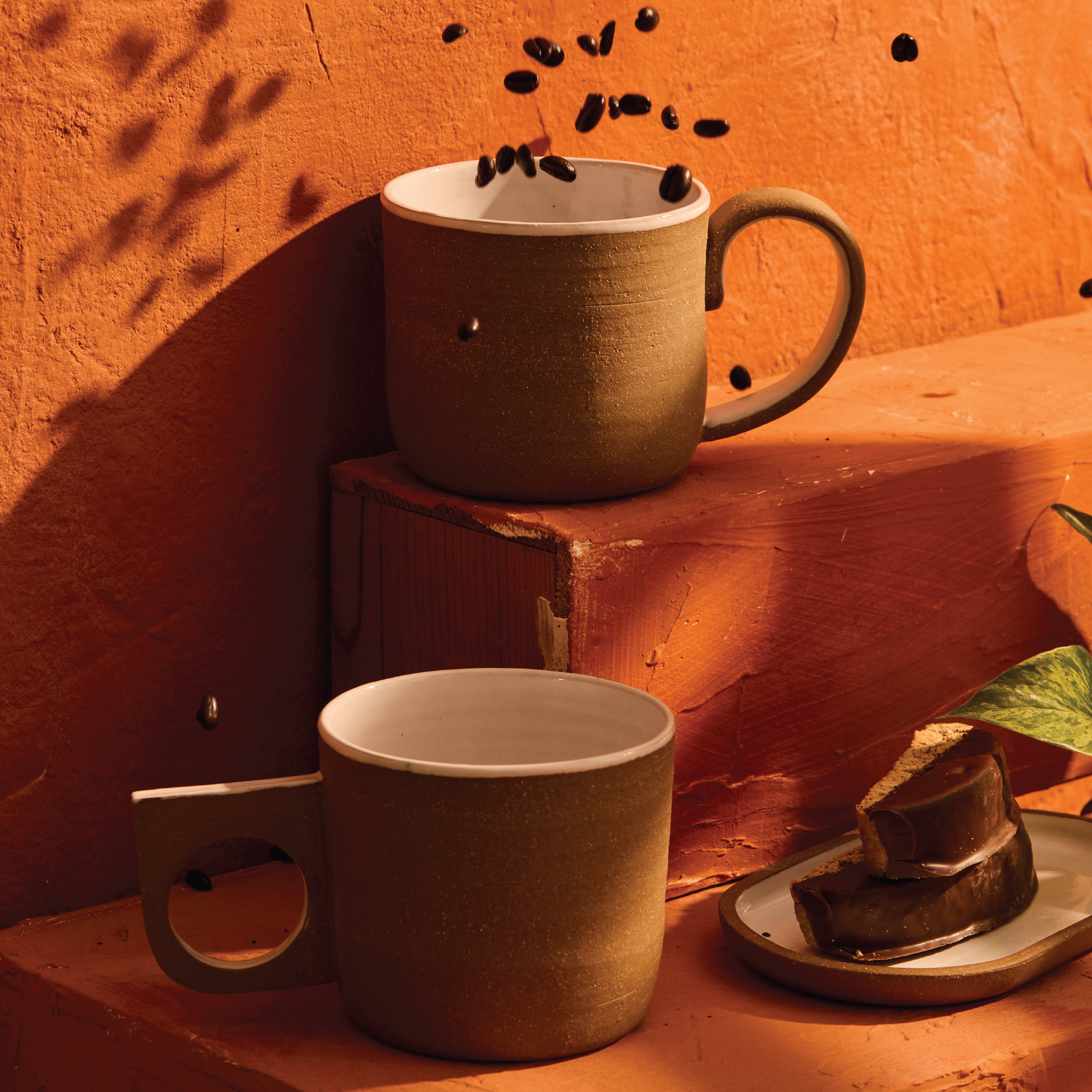 Tall Slab Handle Mug - Dark Brown Stoneware / White Gloss